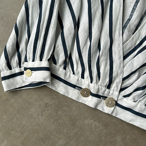 ZARA linen stripe nautical long sleeve V neck top with gold buttons - Picture 3 of 4